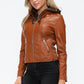 Snobbish Faux Leather Zip Up Drawstring Hooded Jacket