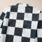 Black Checkered Waffle Knit Thumbhole Long Sleeve Cardigan