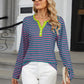 Striped Notched Long Sleeve T-Shirt