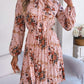 Pleated Printed Tie Neck Long Sleeve Dress