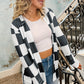 Black Checkered Waffle Knit Thumbhole Long Sleeve Cardigan