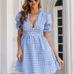 Decorative Button Plaid Short Sleeve Dress