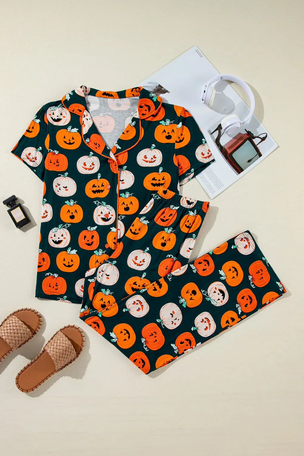 Pumpkin Printed Short Sleeve Top and Pants Pajama Set