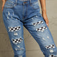 Baeful Checkered Patchwork Mid Waist Distressed Jeans