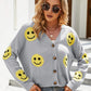 Smiley Face Ribbed Trim V-Neck Cardigan