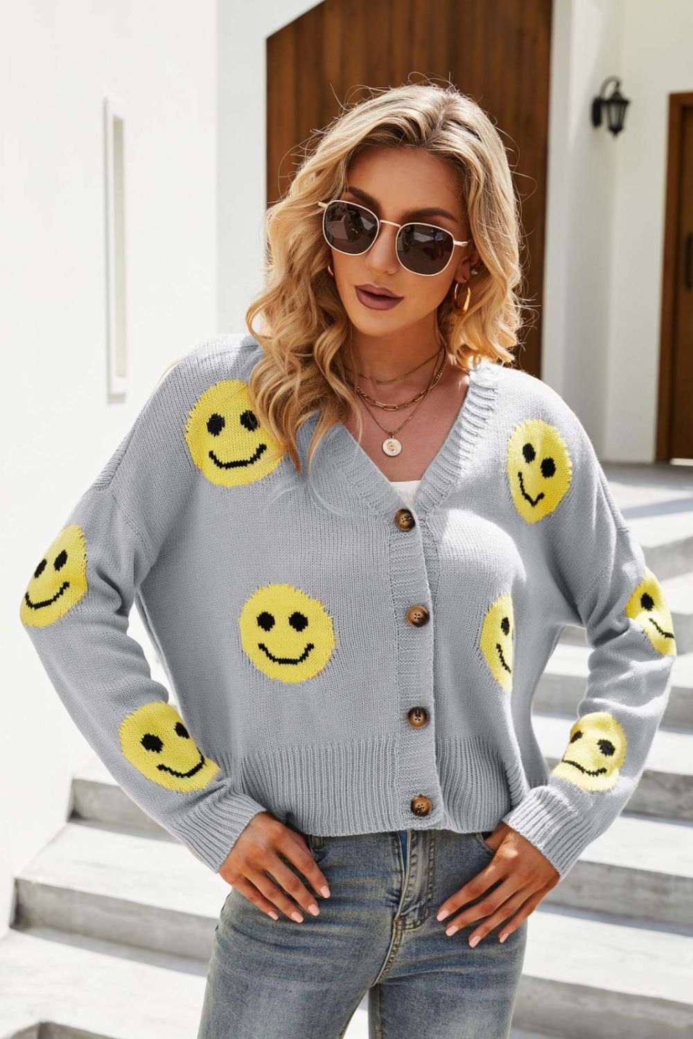 Smiley Face Ribbed Trim V-Neck Cardigan