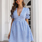 Decorative Button Plaid Short Sleeve Dress