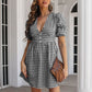 Decorative Button Plaid Short Sleeve Dress