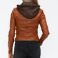 Snobbish Faux Leather Zip Up Drawstring Hooded Jacket