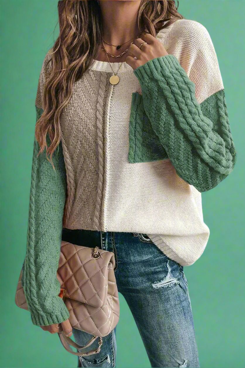 Color Block Round Neck Long Sleeve Sweater