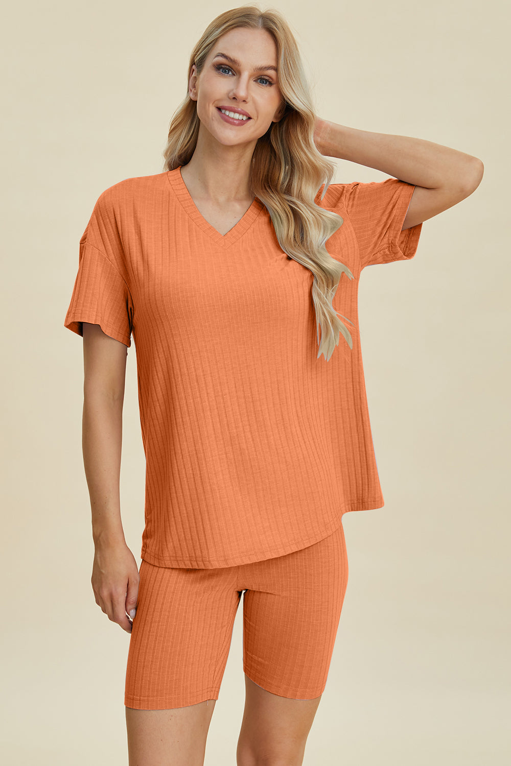 Basic Bae Full Size Ribbed V-Neck Short Sleeve Top & Shorts Set