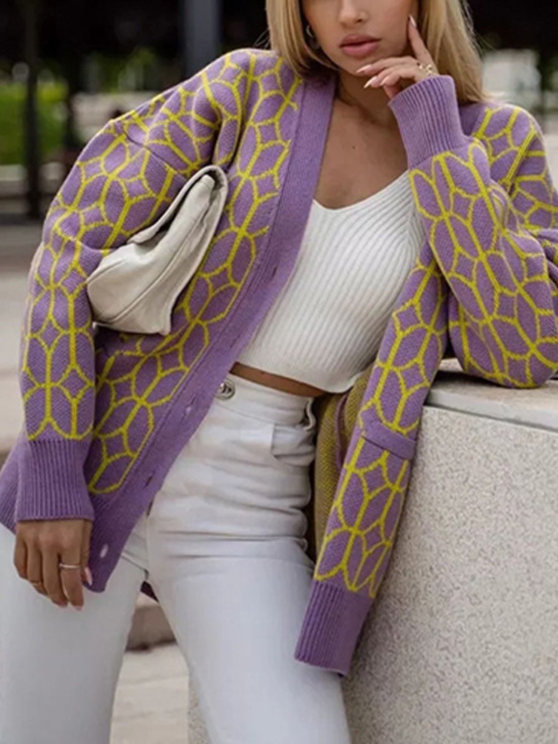 Patterned Button Up Long Sleeve Cardigan