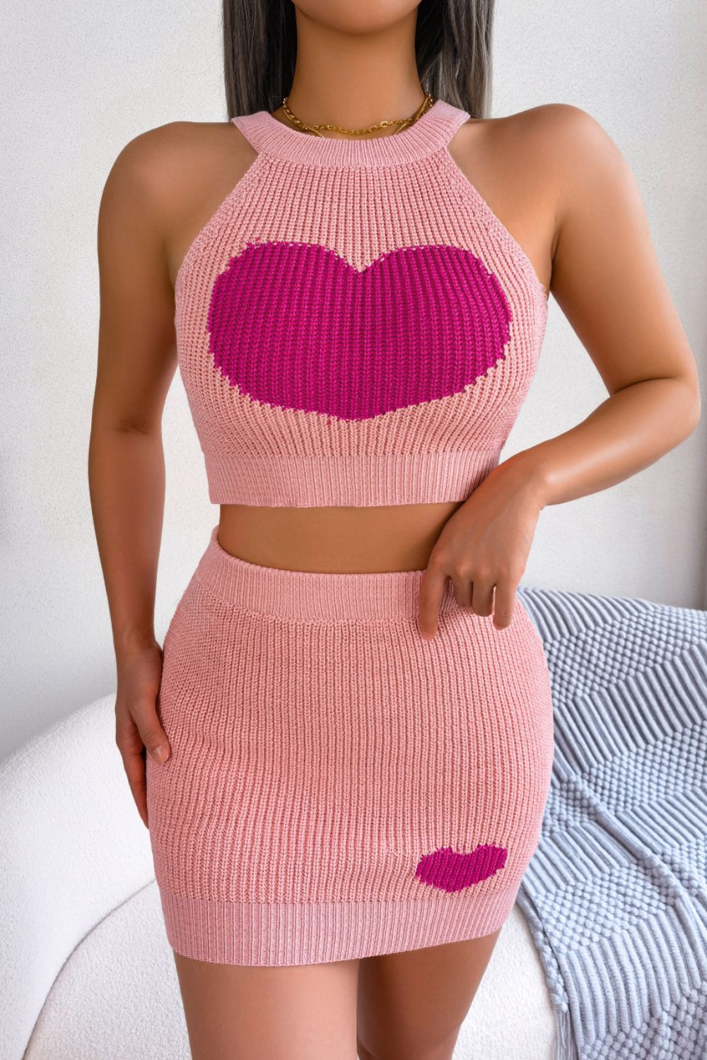 Heart Contrast Ribbed Sleeveless Knit Top & Skirt Set