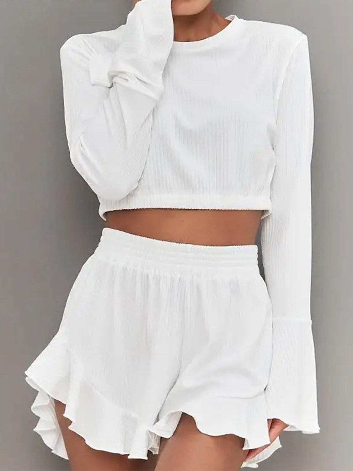 Round Neck Long Sleeve Top & Ruffled Shorts Set