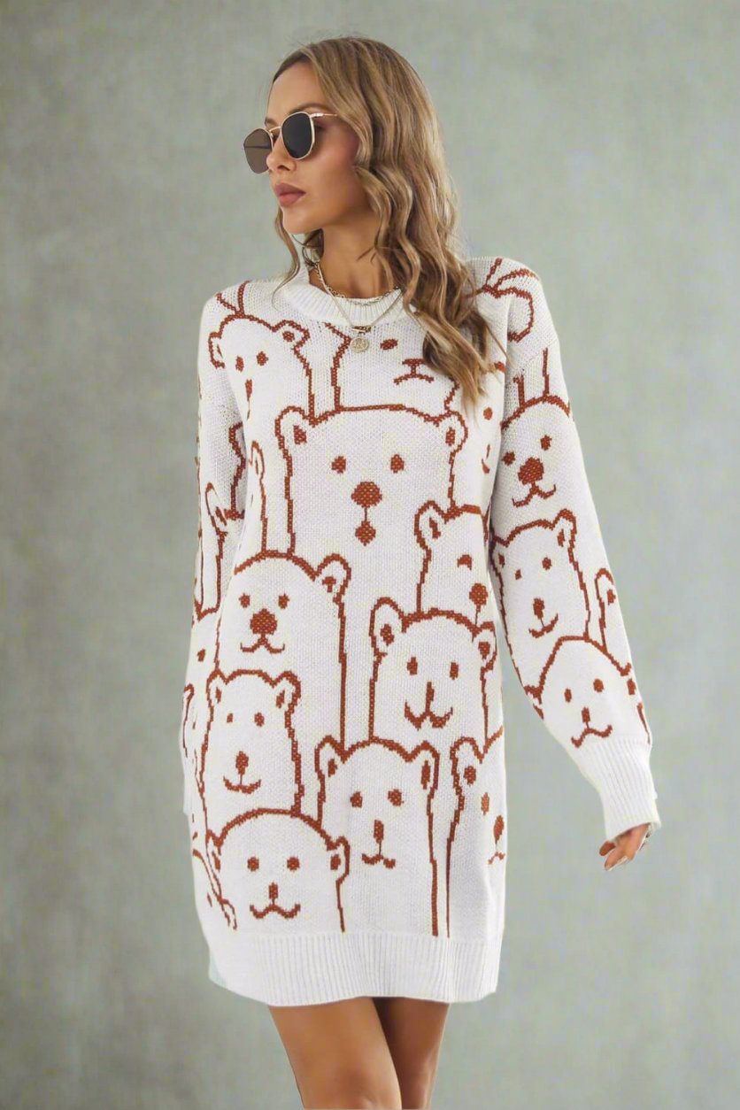 white bear print sweater dress