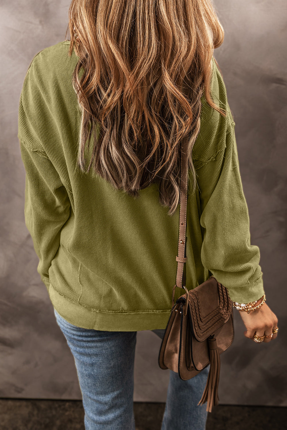 Textured Round Neck Long Sleeve Sweatshirt