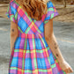 Plaid Notched Short Sleeve Mini Dress