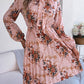 Pleated Printed Tie Neck Long Sleeve Dress