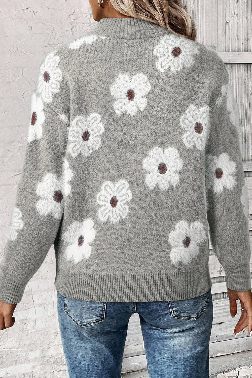 Flower Half Zip Long Sleeve Sweater