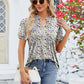 Ruched Printed Notched Short Sleeve Blouse