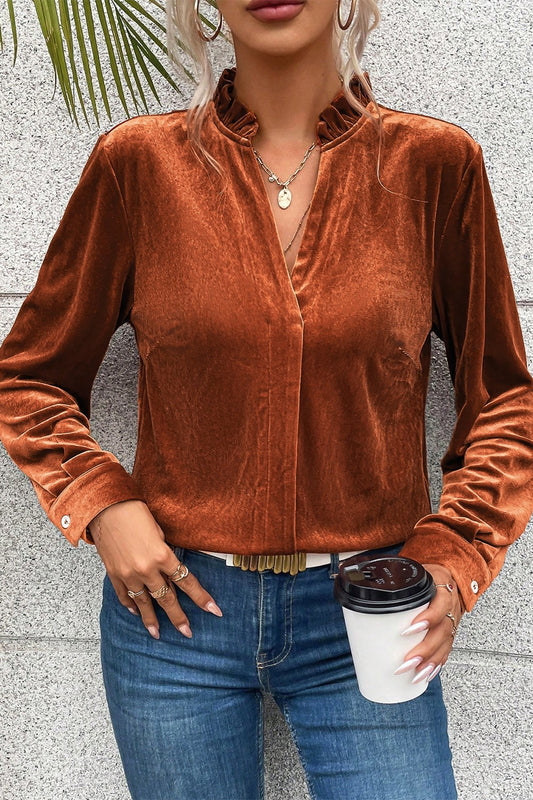 Notched Frill Detail Long Sleeve Blouse