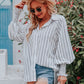 Striped Collared Neck Lantern Sleeve Shirt