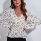 Ruched Printed V-Neck Long Sleeve Blouse