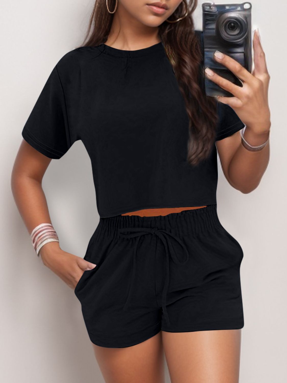 Round Neck Short Sleeve Top & Shorts Set