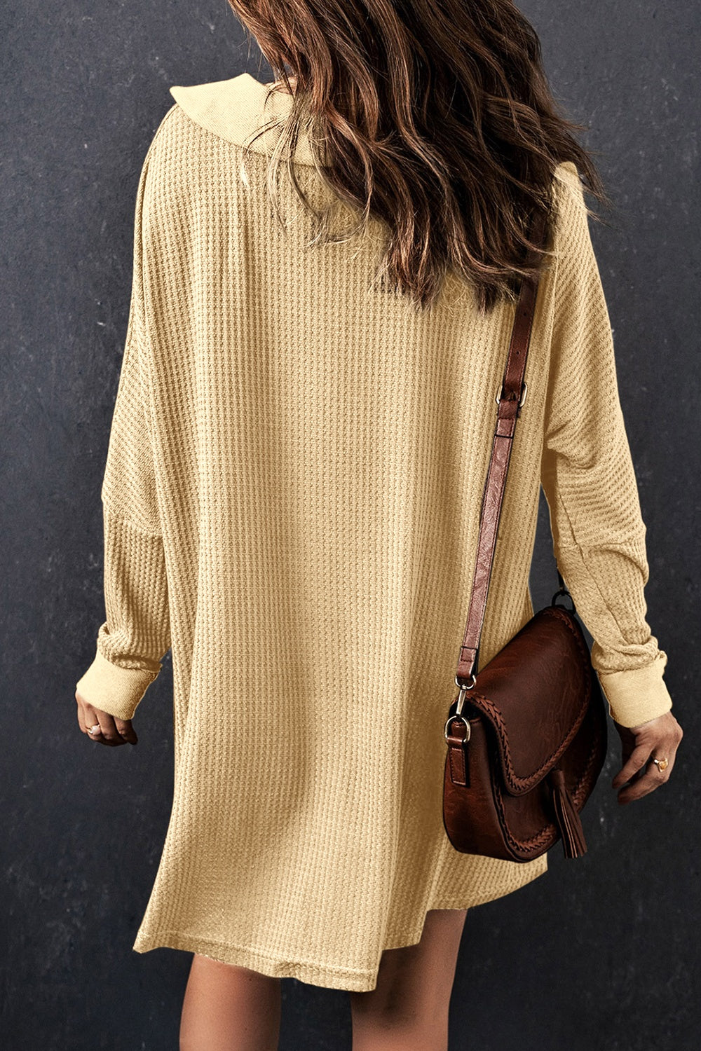 Waffle Knit Buttoned Long Sleeve Top with Breast Pocket