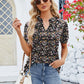 Ruched Printed Notched Short Sleeve Blouse