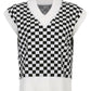 Full Size Checkered V-Neck Cap Sleeve Sweater