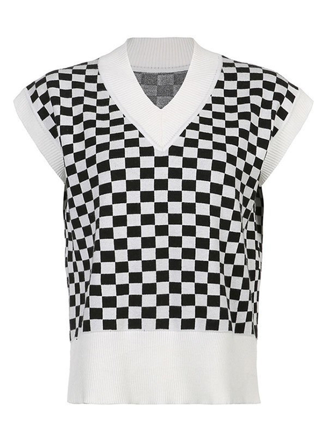 Full Size Checkered V-Neck Cap Sleeve Sweater