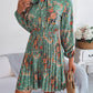 Pleated Printed Tie Neck Long Sleeve Dress