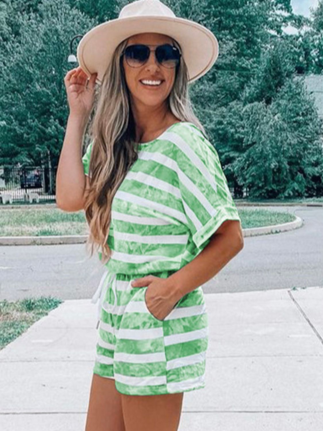 Striped Round Neck Top & Shorts Set