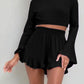 Round Neck Long Sleeve Top & Ruffled Shorts Set