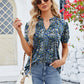 Ruched Printed Notched Short Sleeve Blouse