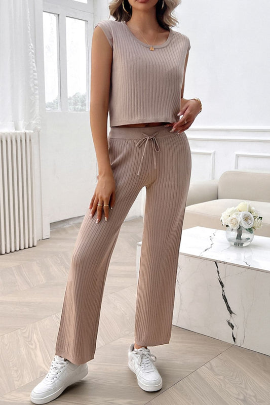 Ribbed Round Neck Top & Pants Set