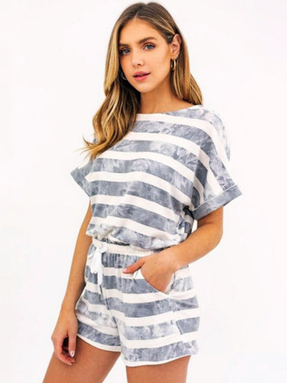 Striped Round Neck Top & Shorts Set