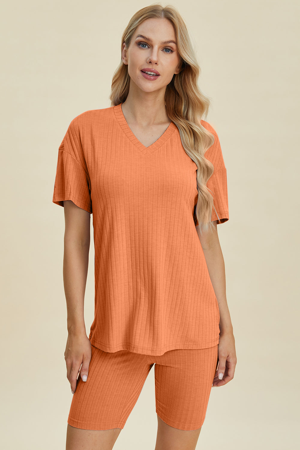 Basic Bae Full Size Ribbed V-Neck Short Sleeve Top & Shorts Set