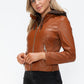 Snobbish Faux Leather Zip Up Drawstring Hooded Jacket