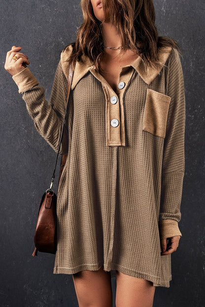 Waffle Knit Buttoned Long Sleeve Top with Breast Pocket