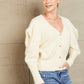 Woven Right Puff Sleeve V-Neck Fuzzy Cardigan