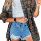 Red Plaid Long Sleeve Distressed Hem Shirt