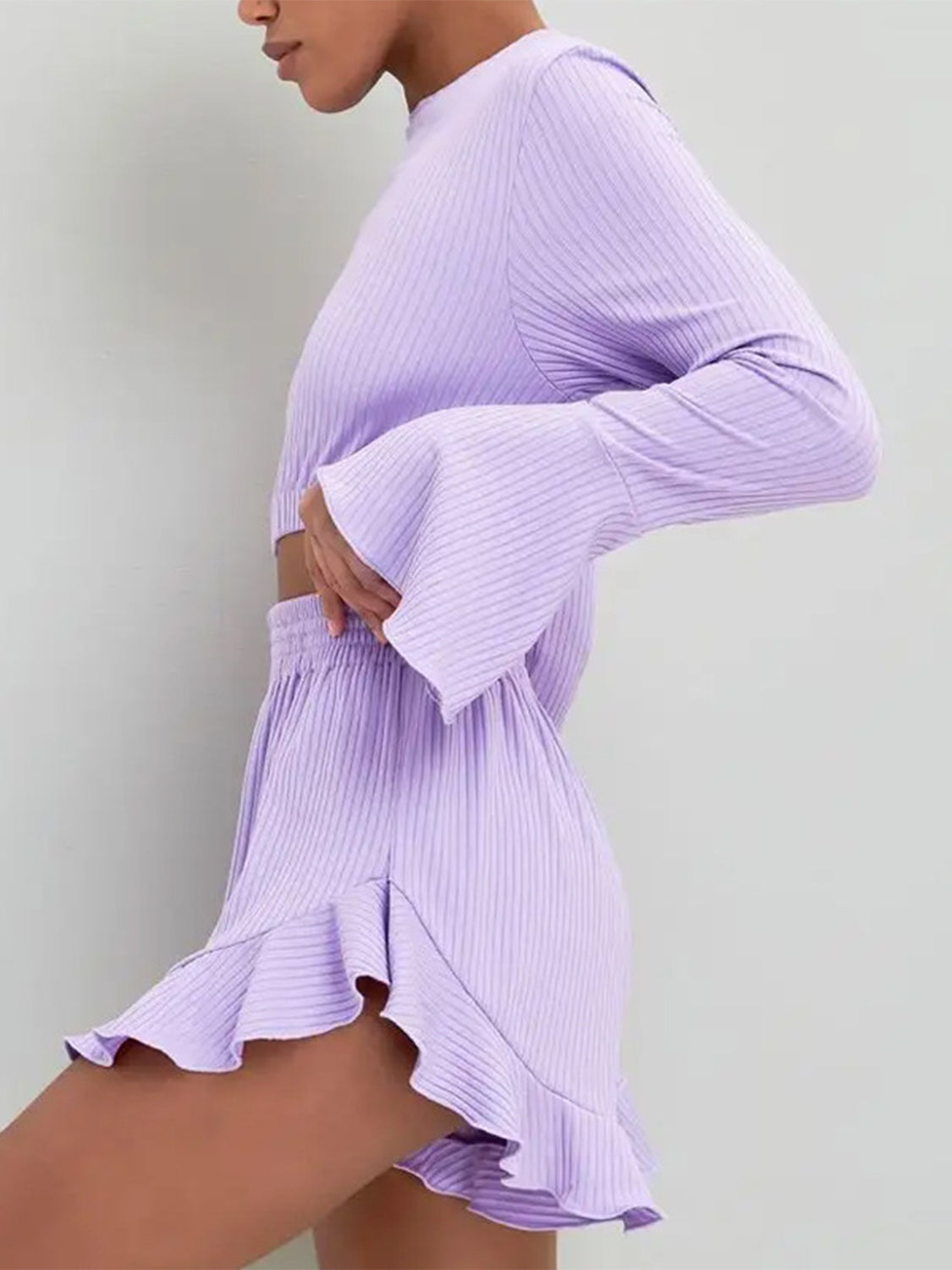 Round Neck Long Sleeve Top & Ruffled Shorts Set