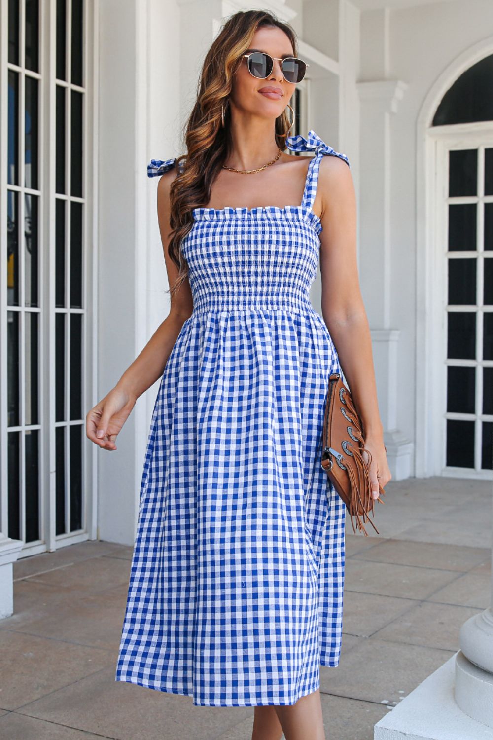 Plaid Frill Trim Tie Shoulder Dress