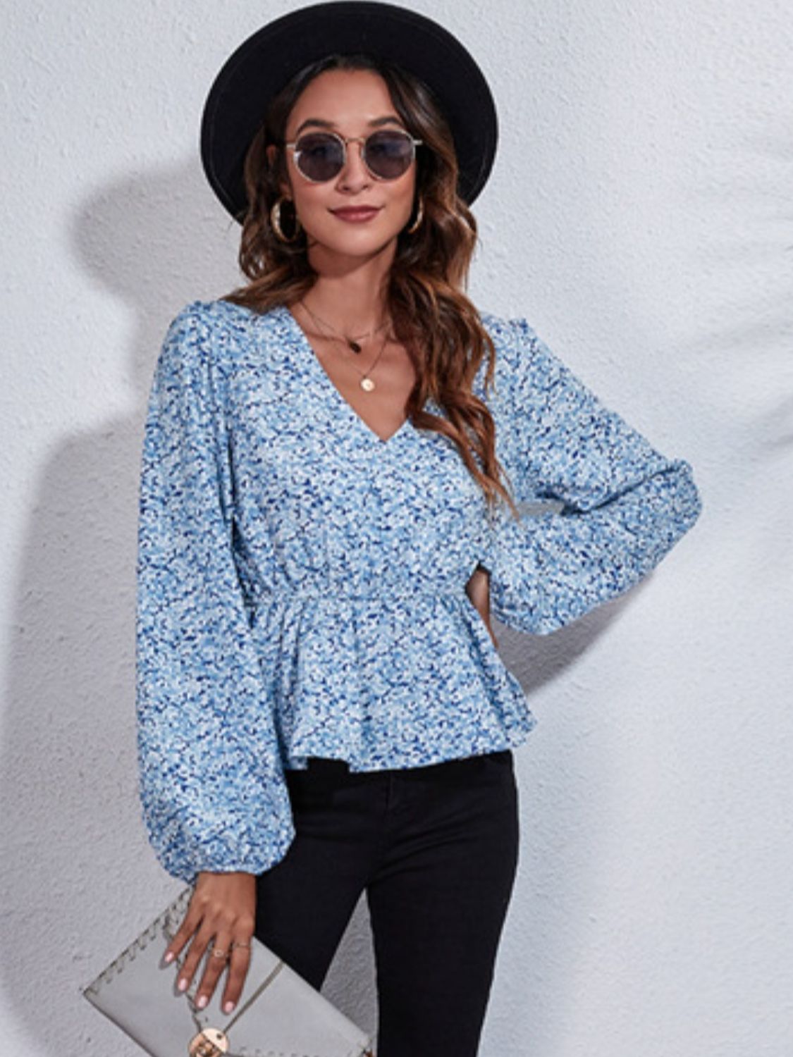 Ruched Printed V-Neck Long Sleeve Blouse