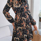 Pleated Printed Tie Neck Long Sleeve Dress