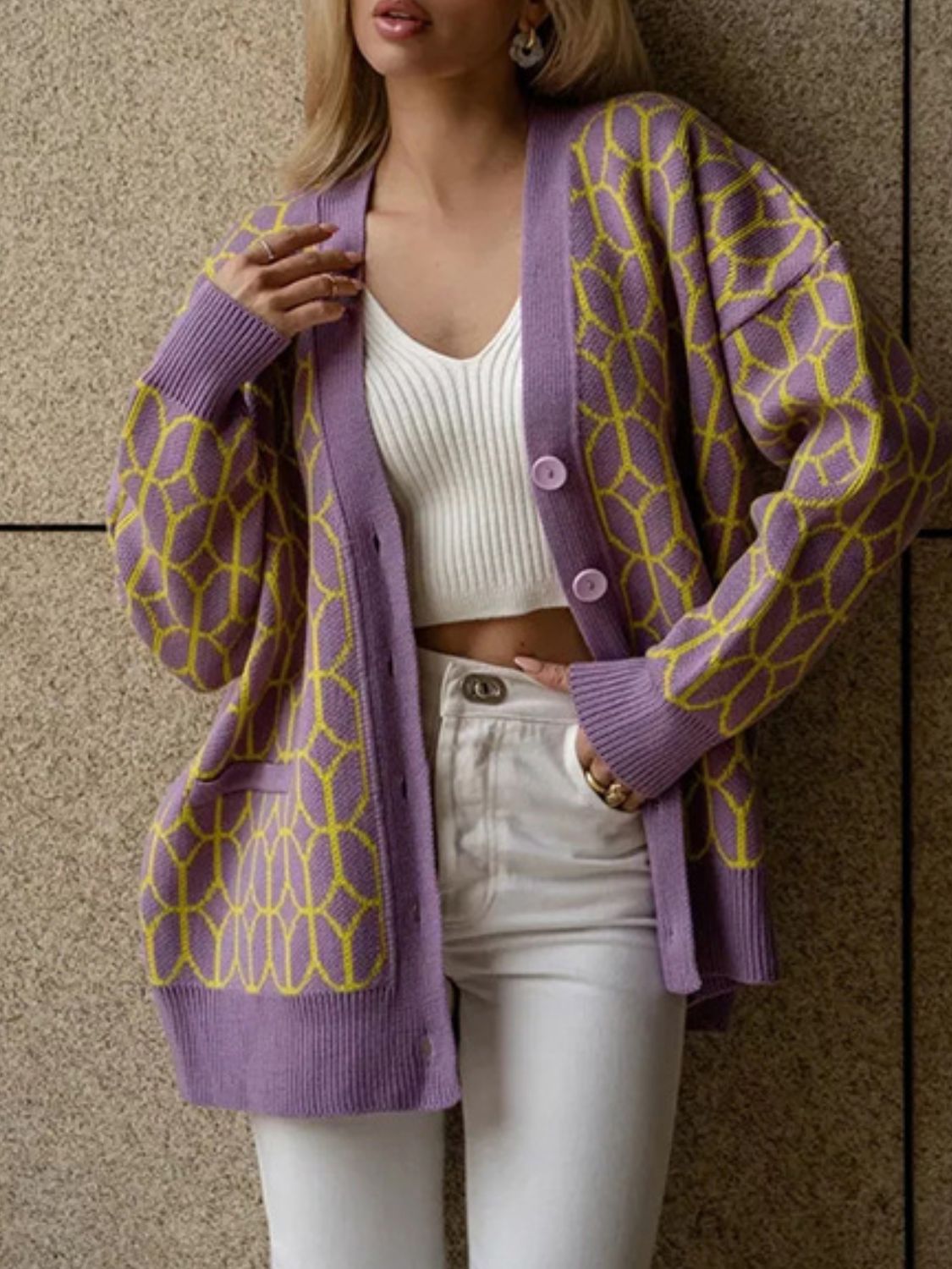 Patterned Button Up Long Sleeve Cardigan