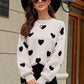 Woven Right Heart Pattern Lantern Sleeve Round Neck Tunic Sweater