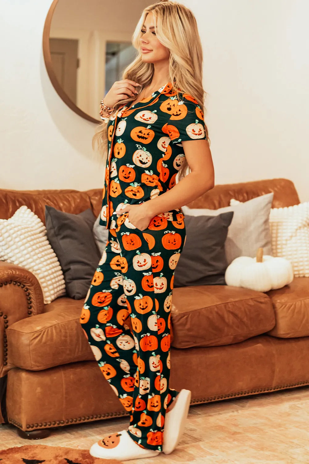 Pumpkin Printed Short Sleeve Top and Pants Pajama Set